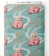 Tissu - Lapins en voiture