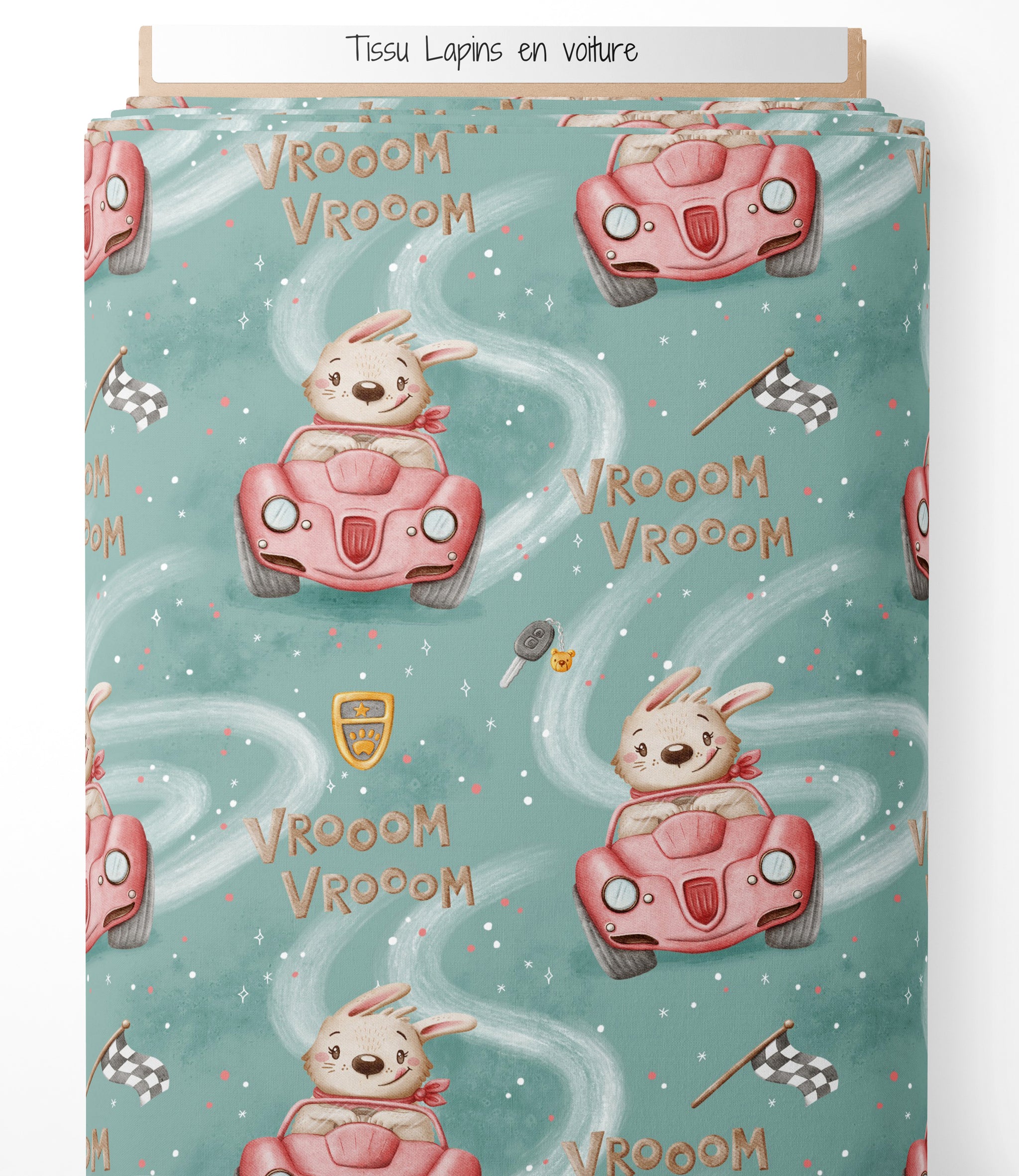 Tissu - Lapins en voiture