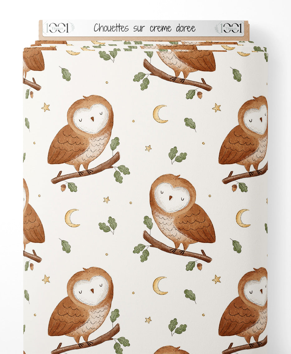Tissu - Chouettes sur crème dorée