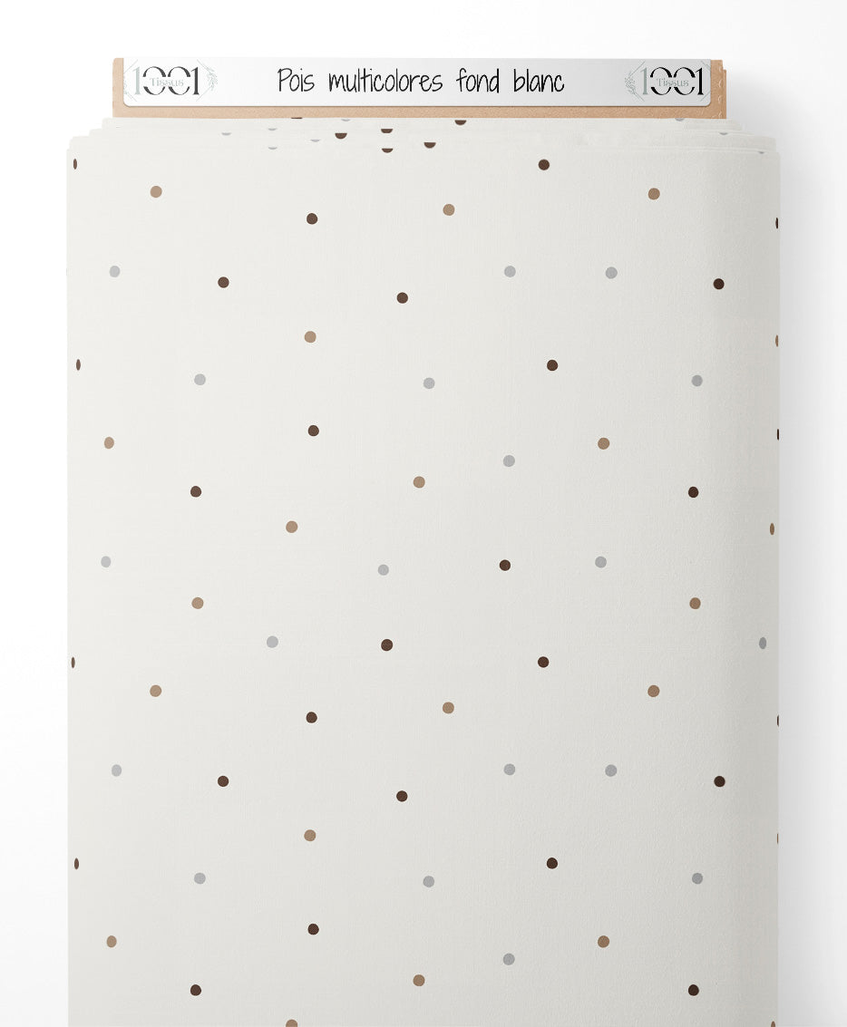 Tissu - Pois multicolores sur fond blanc