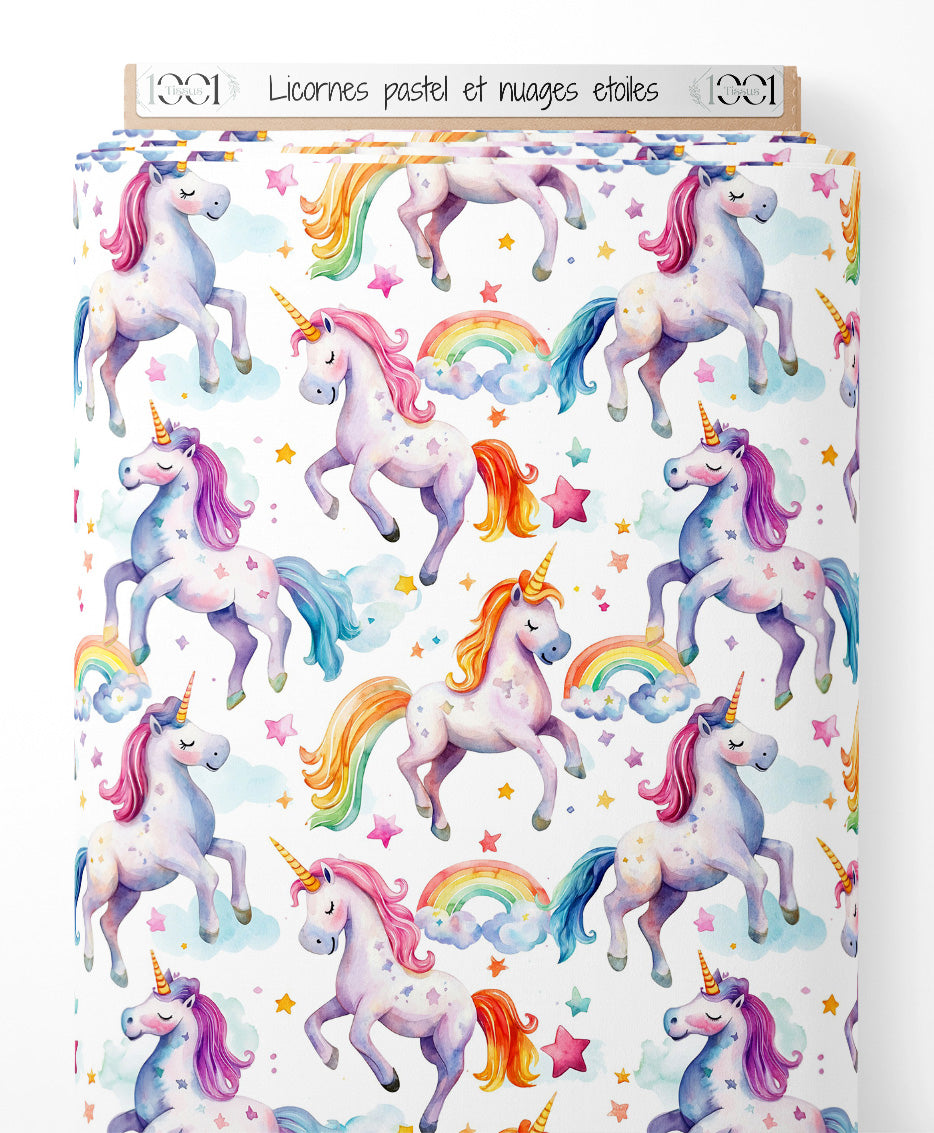Tissu - Licornes pastel et nuages étoilés