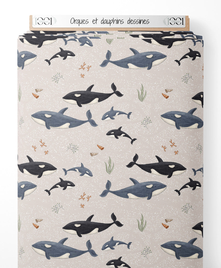 Tissu - Orques et dauphins dessinés