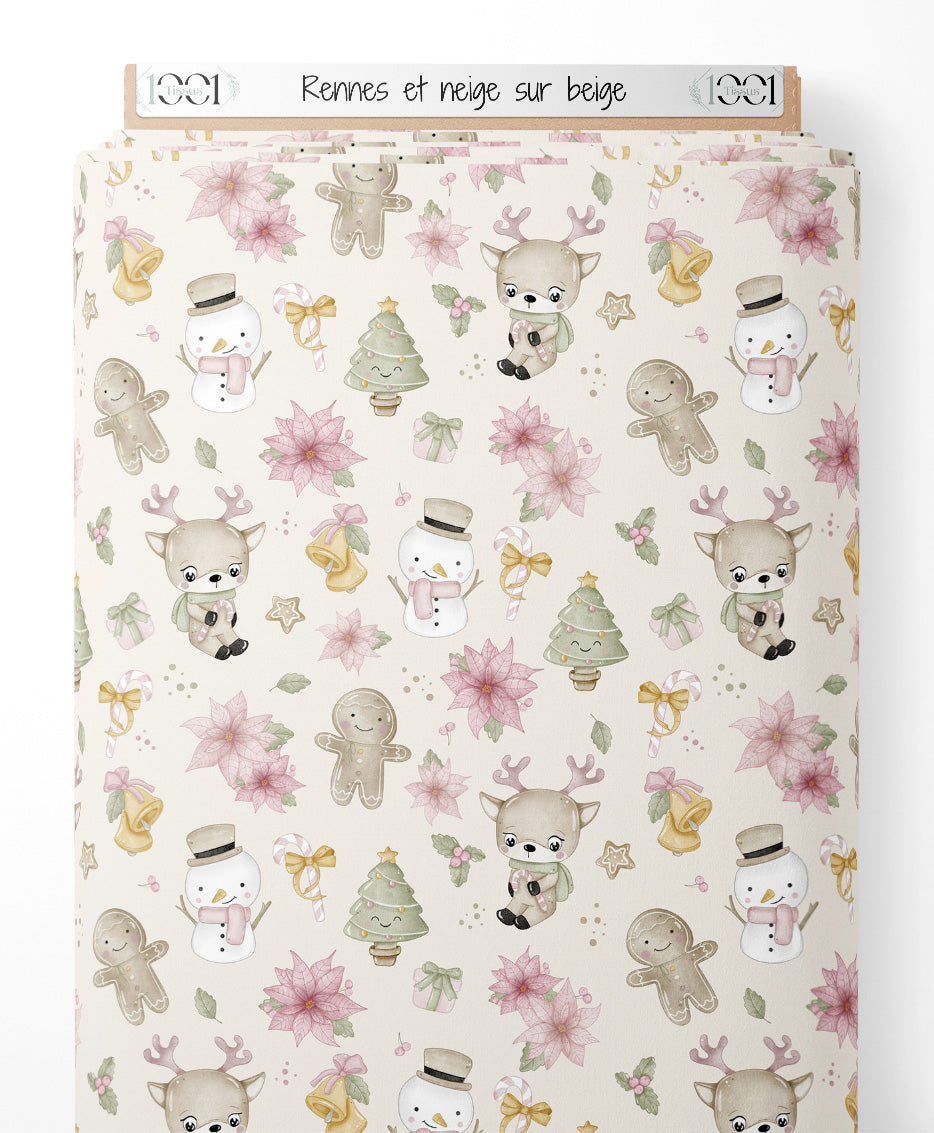 Tissu - Rennes et neige sur beige