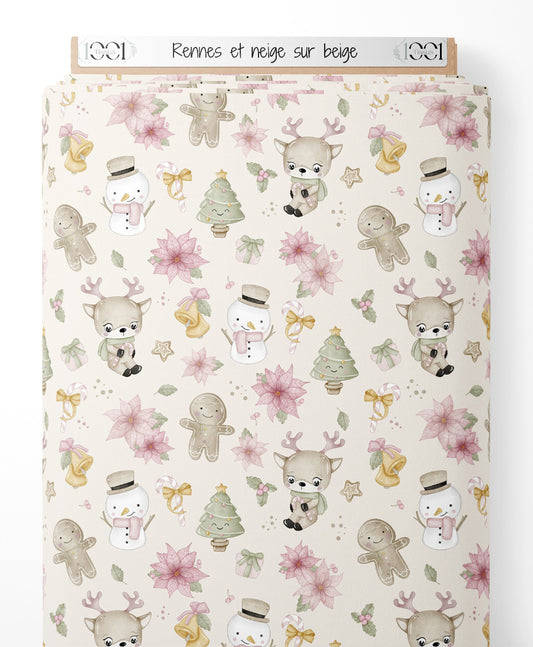 Tissu - Rennes et neige sur beige
