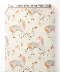 Tissu - Licornes blanches et fleurs pastel