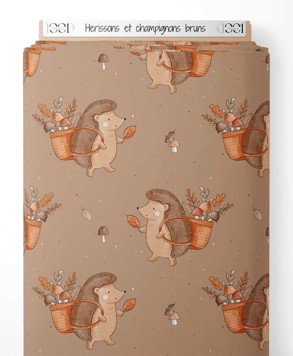 Tissu - Hérissons et champignons bruns