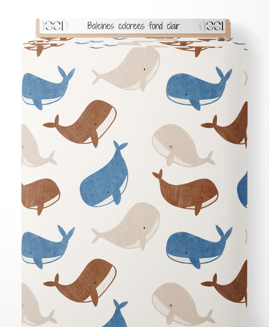 Tissu - Baleines colorées sur fond clair