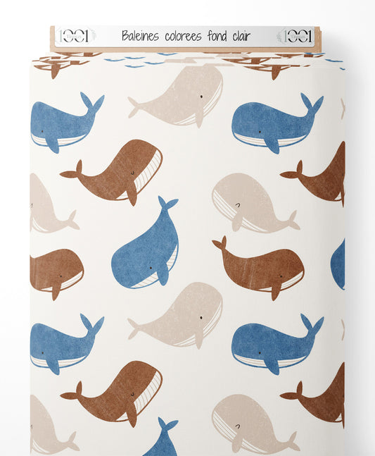 Tissu - Baleines colorées sur fond clair