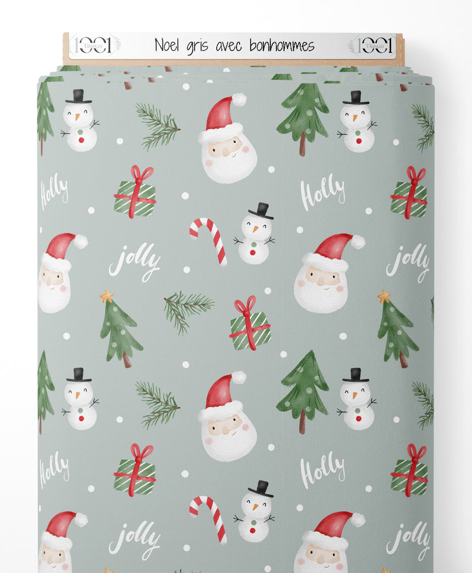 Tissu - Noël gris avec bonhommes