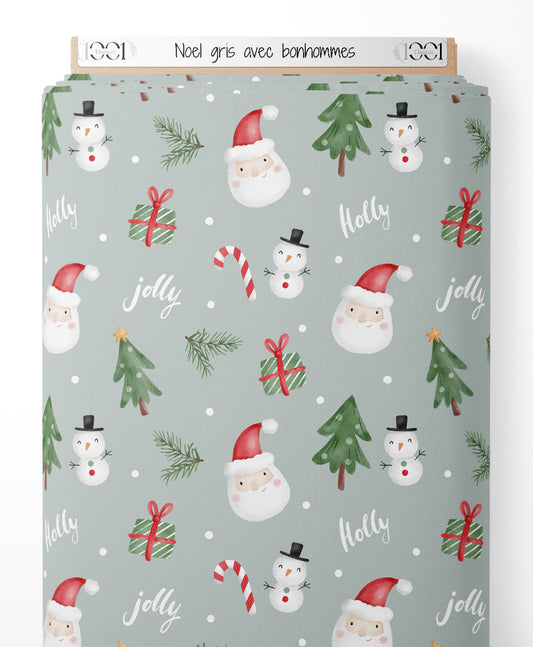 Tissu - Noël gris avec bonhommes