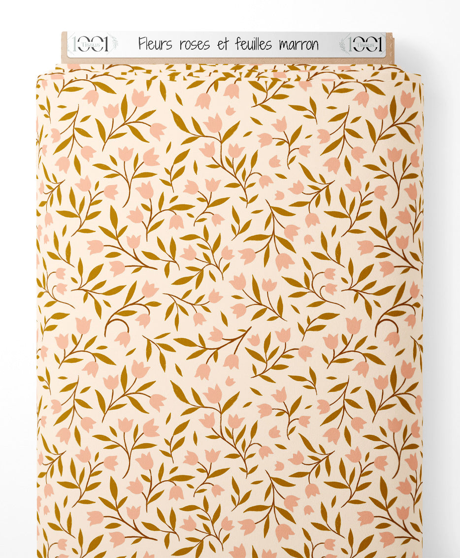 Tissu - Fleurs roses et feuilles marron