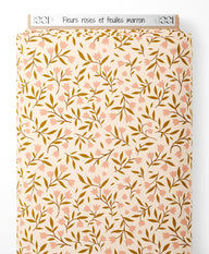 Tissu - Fleurs roses et feuilles marron
