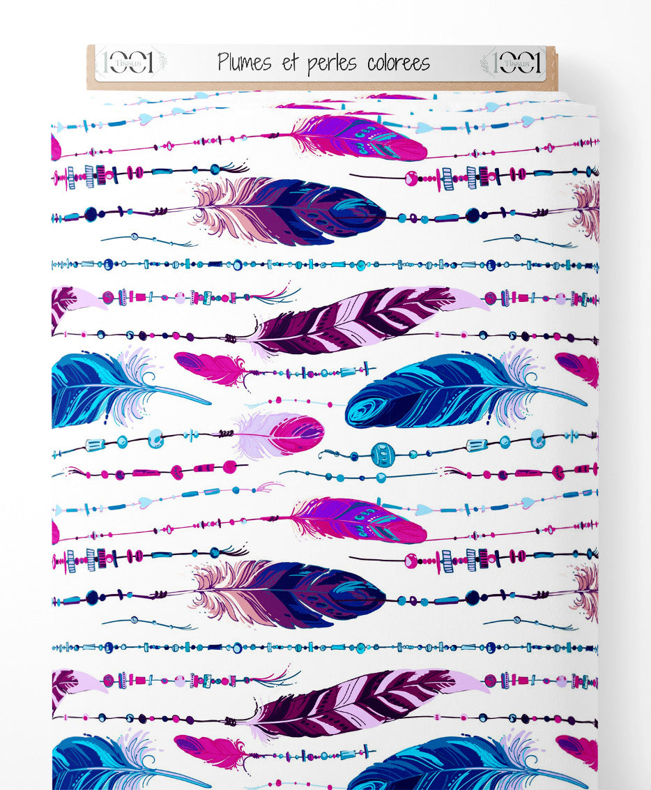 Tissu - Plumes et perles colorées