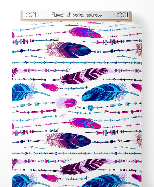 Tissu - Plumes et perles colorées