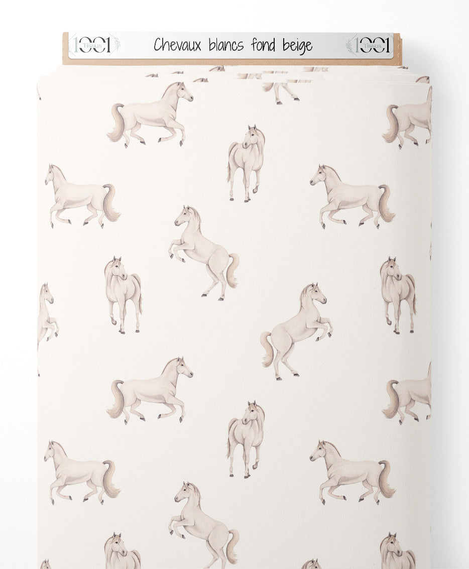 Tissu - Chevaux blancs sur fond beige