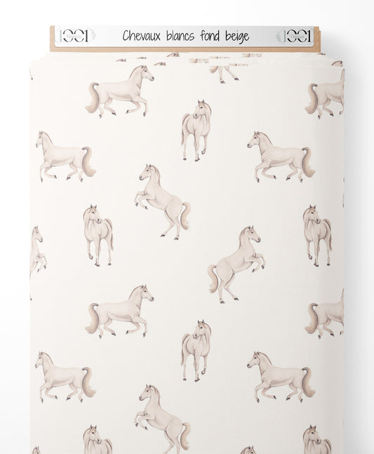 Tissu - Chevaux blancs sur fond beige