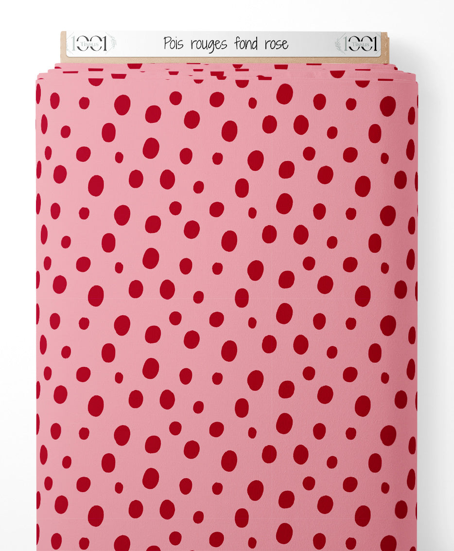 Tissu - Pois rouges sur fond rose