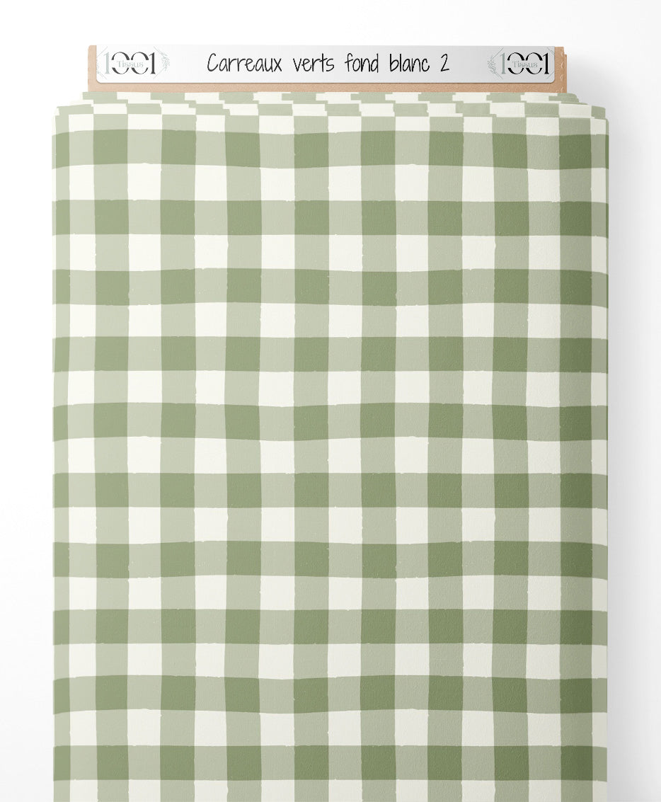Tissu - Carreaux verts sur fond blanc 2