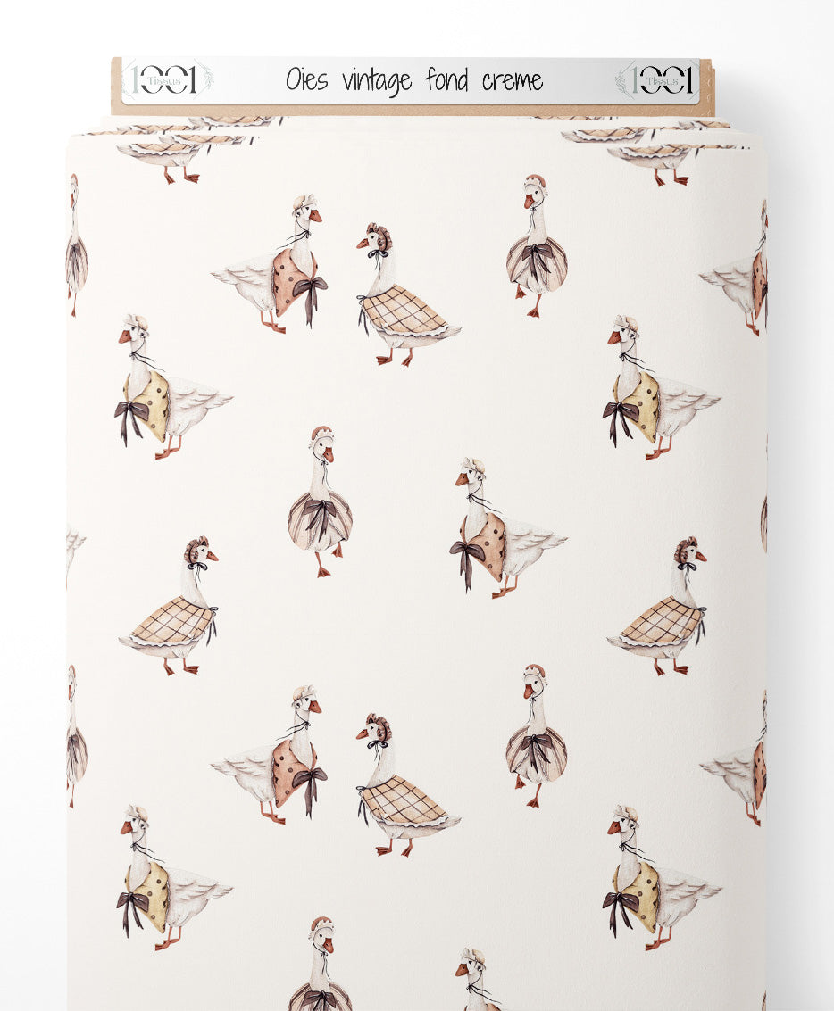 Tissu - Oies vintage sur fond crème