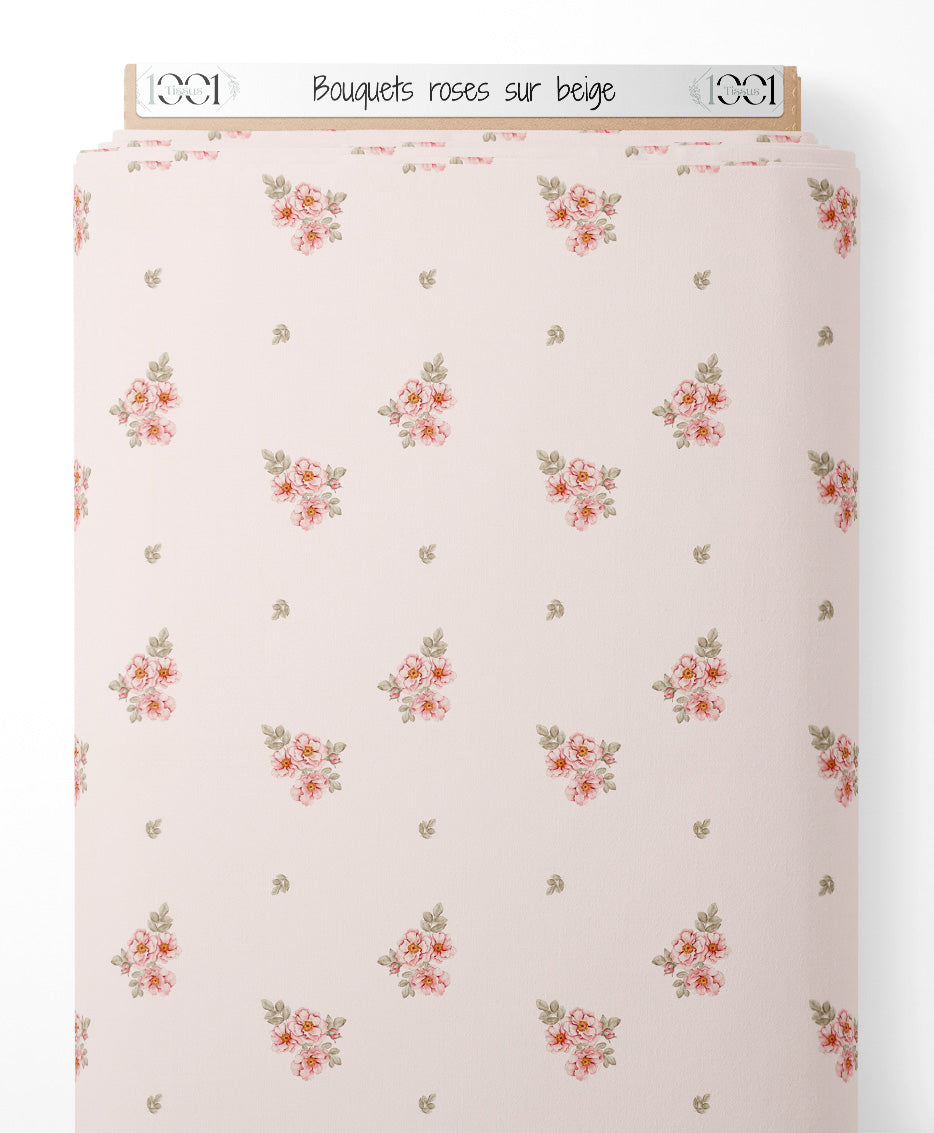 Tissu - Bouquets roses sur beige