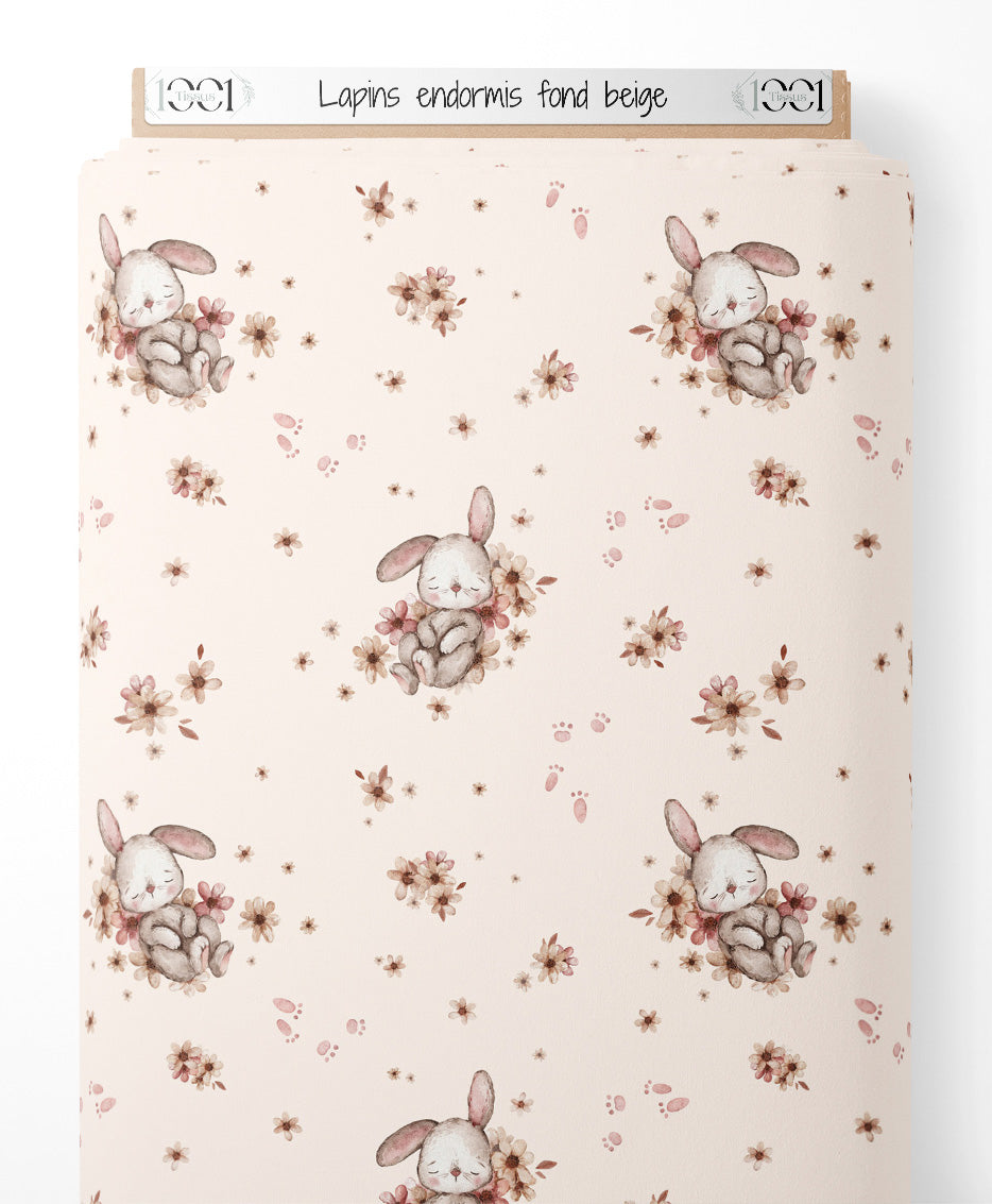 Tissu - Lapins endormis sur fond beige