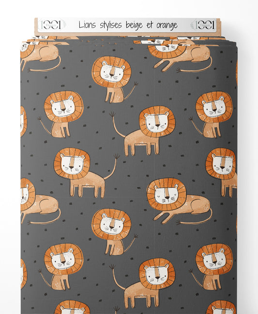 Tissu - Lions stylisés beige et orange