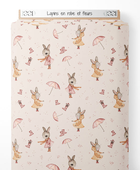 Tissu - Lapins en robe et fleurs