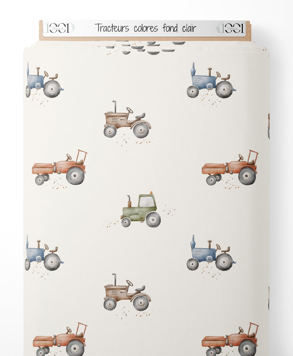 Tissu - Tracteurs colorés sur fond clair