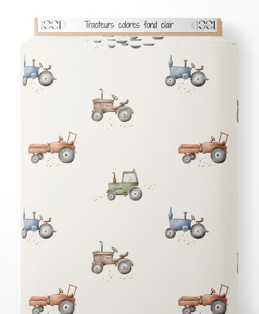 Tissu - Tracteurs colorés sur fond clair