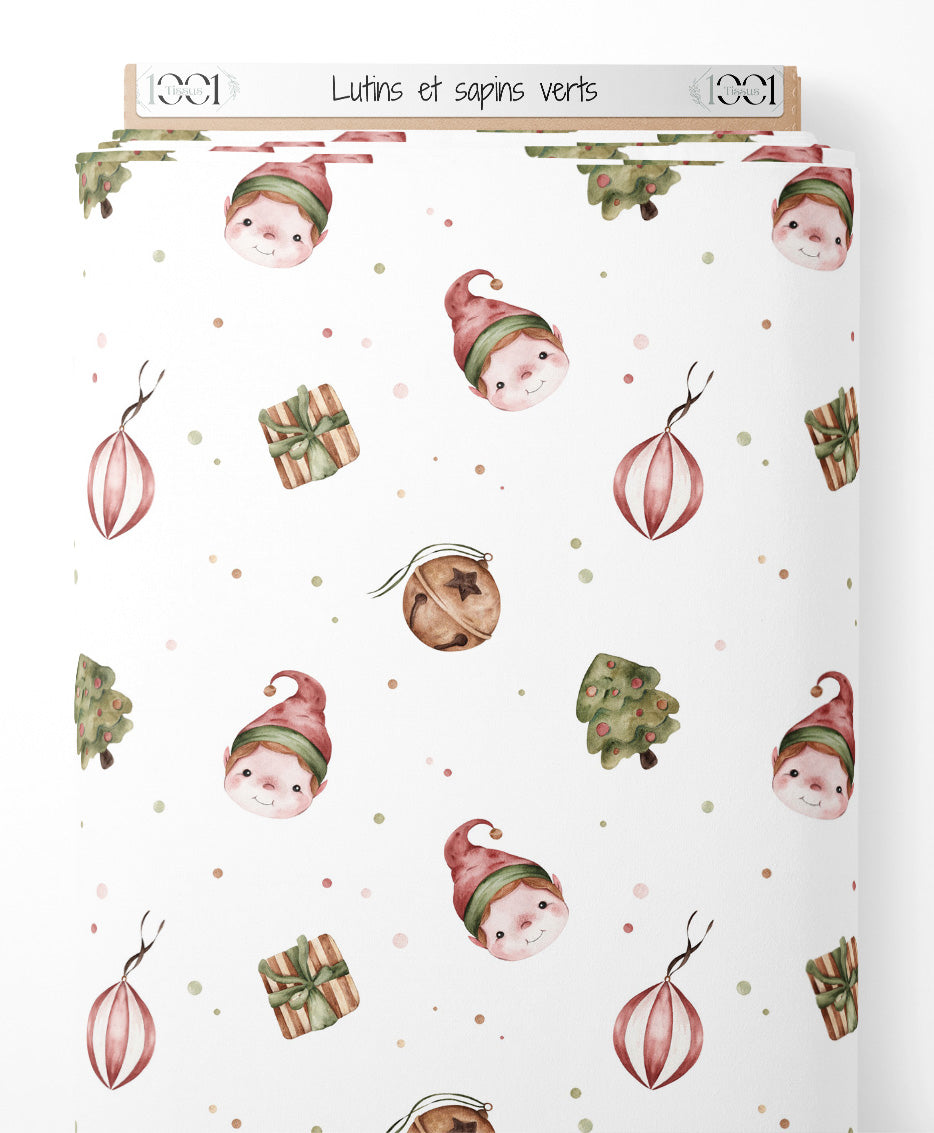 Tissu - Lutins et sapins verts