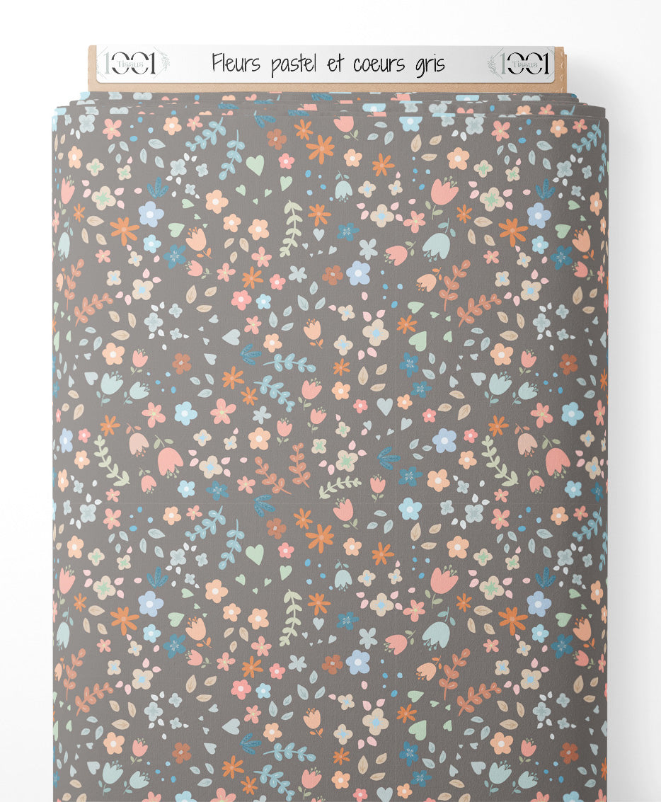 Tissu - Fleurs pastel et cœurs gris