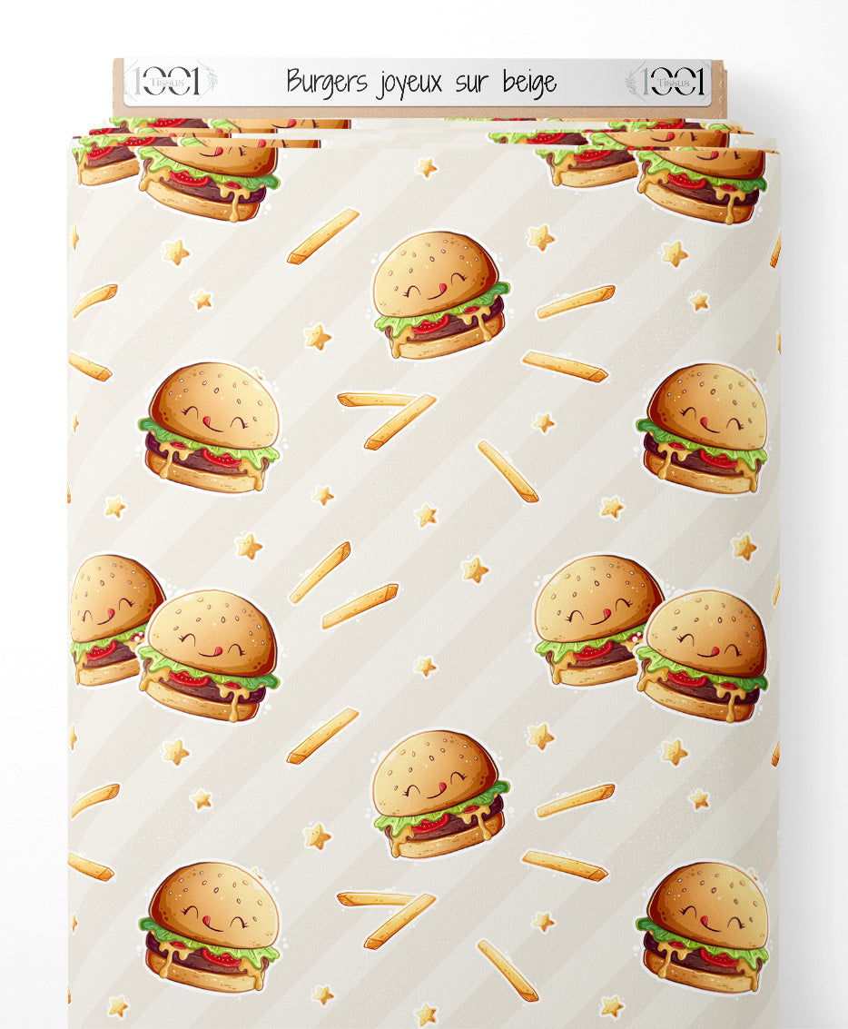 Tissu - Burgers joyeux sur beige