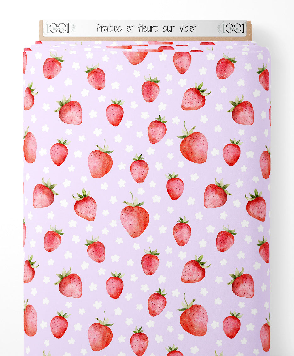 Tissu - Fraises et fleurs sur violet