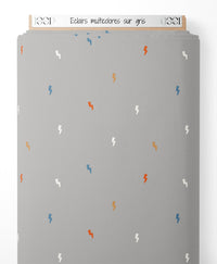 Tissu - Éclairs multicolores sur gris