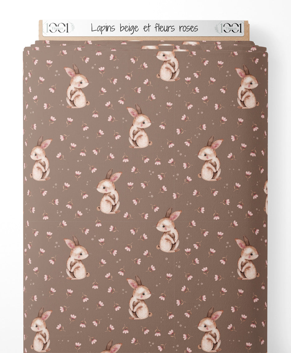 Tissu - Lapins beige et fleurs roses