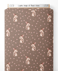 Tissu - Lapins beige et fleurs roses