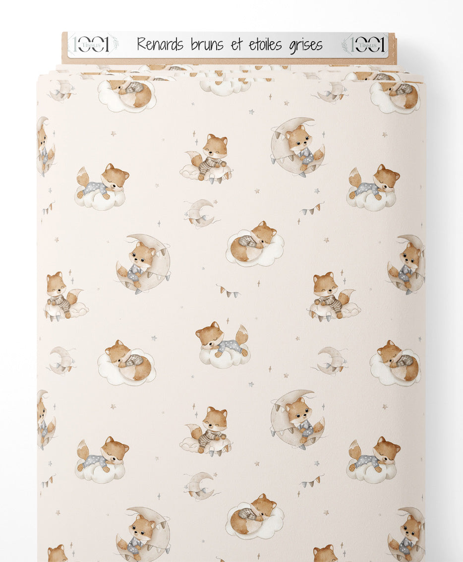 Tissu - Renards bruns et étoiles grises