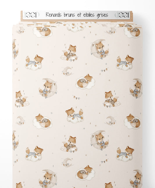 Tissu - Renards bruns et étoiles grises