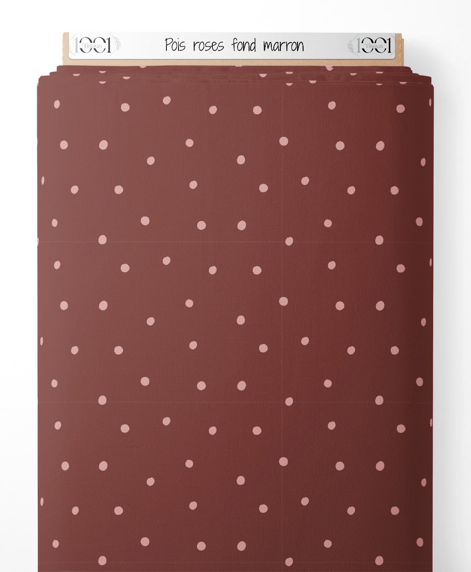 Tissu - Pois roses sur fond marron