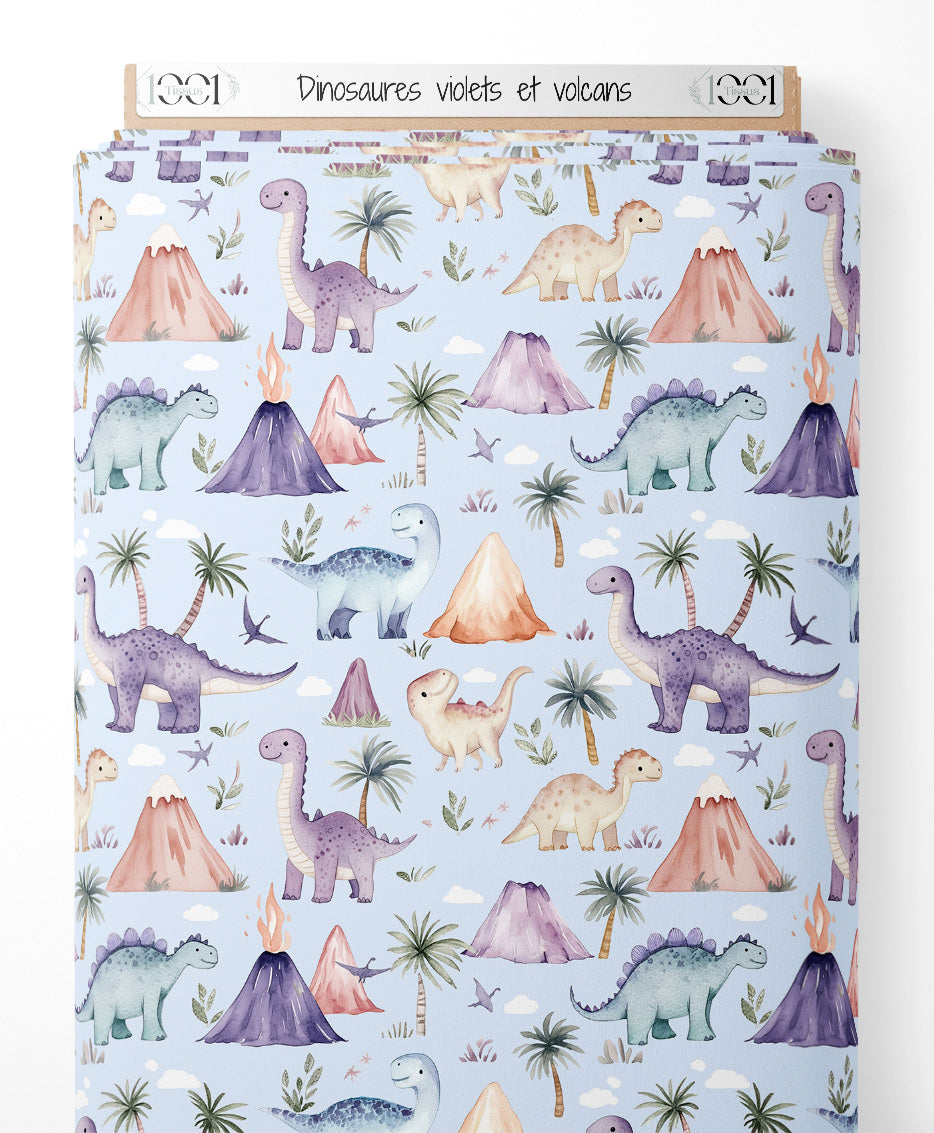 Tissu - Dinosaures violets et volcans