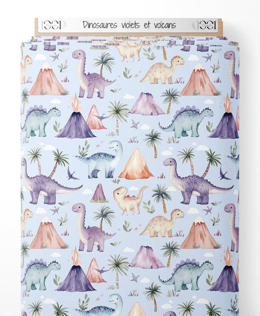 Tissu - Dinosaures violets et volcans