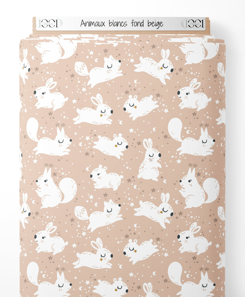 Tissu - Animaux blancs sur fond beige