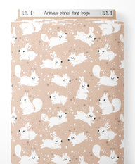 Tissu - Animaux blancs sur fond beige