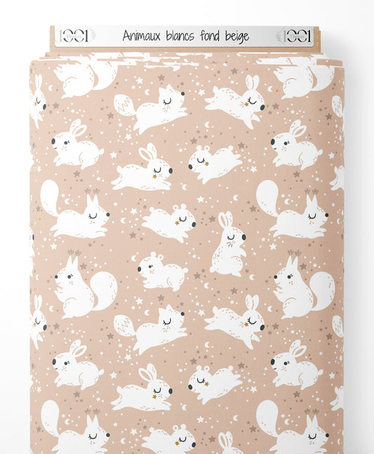 Tissu - Animaux blancs sur fond beige