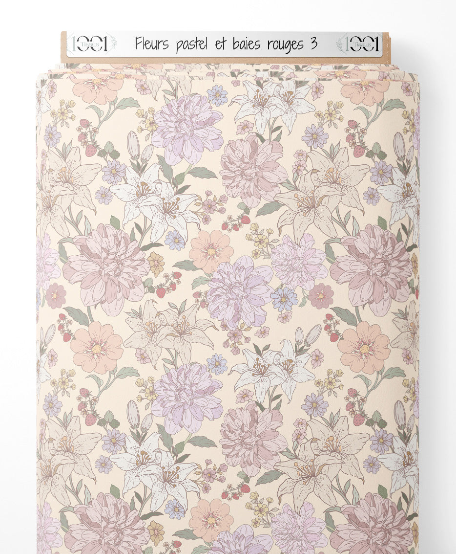Tissu - Fleurs pastel et baies rouges 3