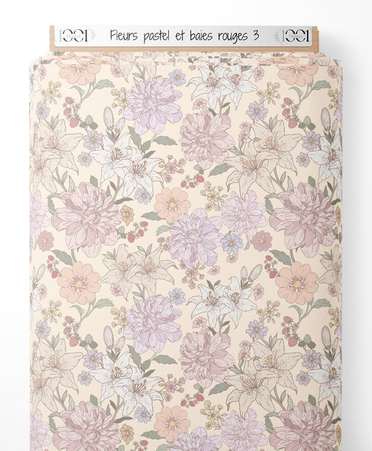 Tissu - Fleurs pastel et baies rouges 3