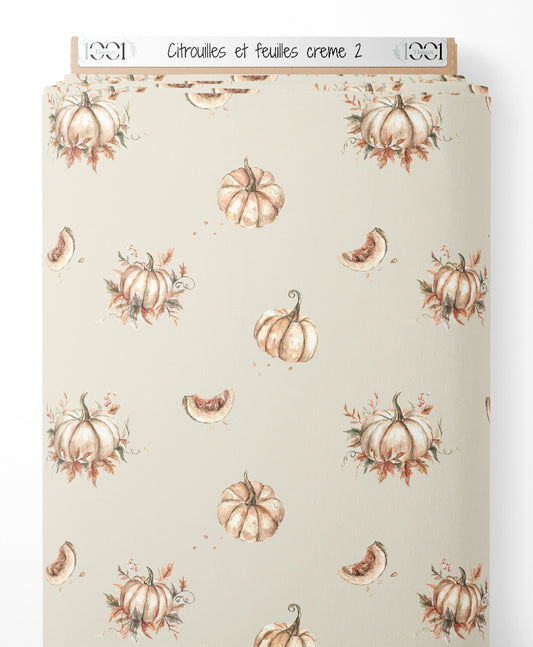 Tissu - Citrouilles et feuilles crème 2