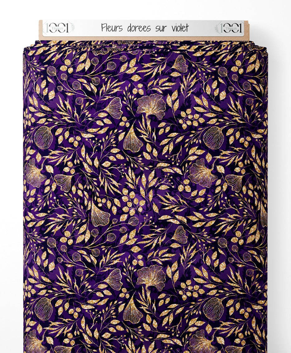 Tissu - Fleurs dorées sur violet