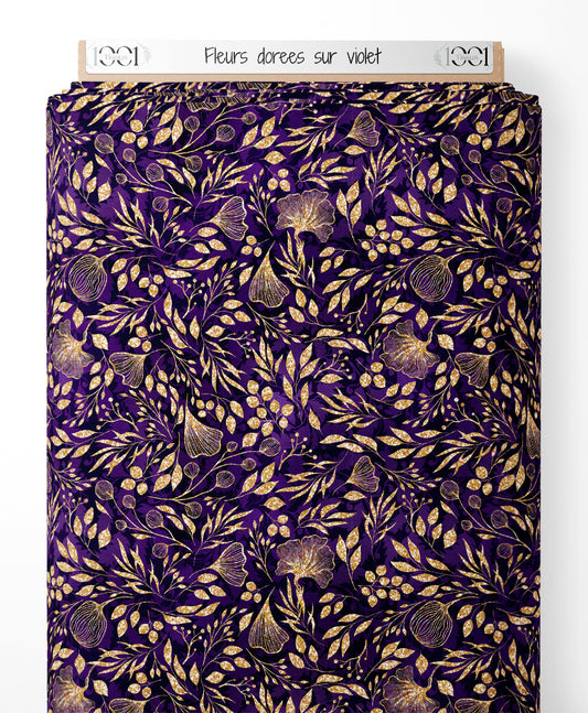Tissu - Fleurs dorées sur violet