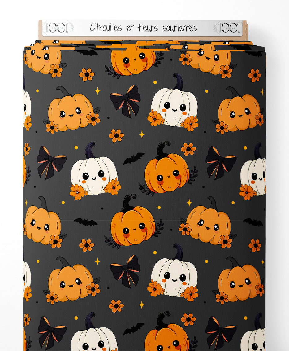 Tissu - Citrouilles et fleurs souriantes
